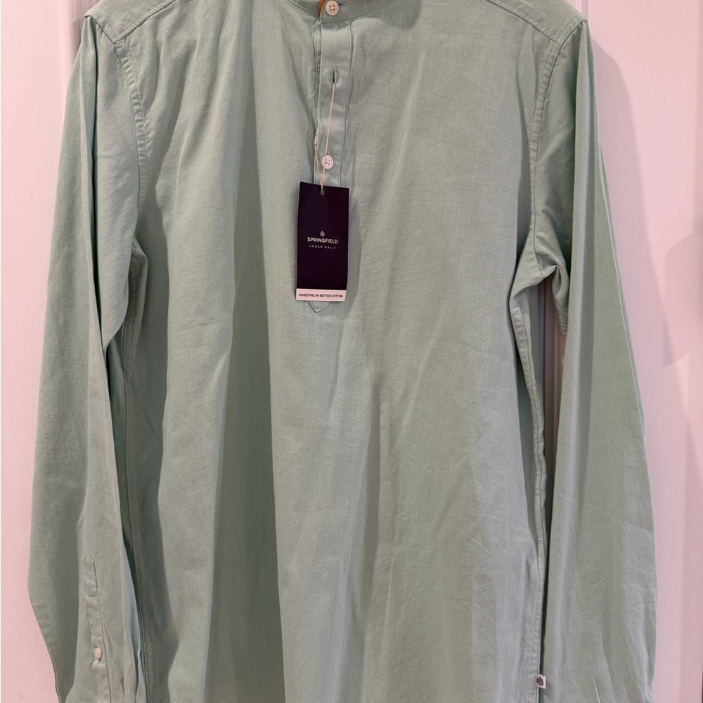 Mint Green Long-Sleeve Mandarin Collar Shirt